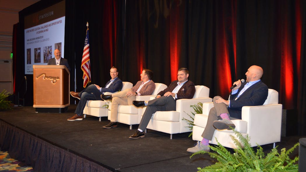 From left, Mike Anderson, of Collision Advice, moderates the panel of Casey Lund, of Collision Leaders; Ryan Clark, of Eustis Body Shop; Doug Martin, of Martin&apos;s Body Shop; and Andy Tylka, of TAG Auto Group.
