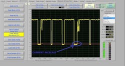 Figure 9- In YELLOW is the sensor signal and in RED is the trace from the microamp probe. As the fault is seen in the sensor signal, the current increases, indicating a fault in the sensor reference voltage supply circuit. Figure 9- In YELLOW is the sensor signal and in RED is the trace from the microamp probe. As the fault is seen in the sensor signal, the current increases, indicating a fault in the sensor reference voltage supply circuit.