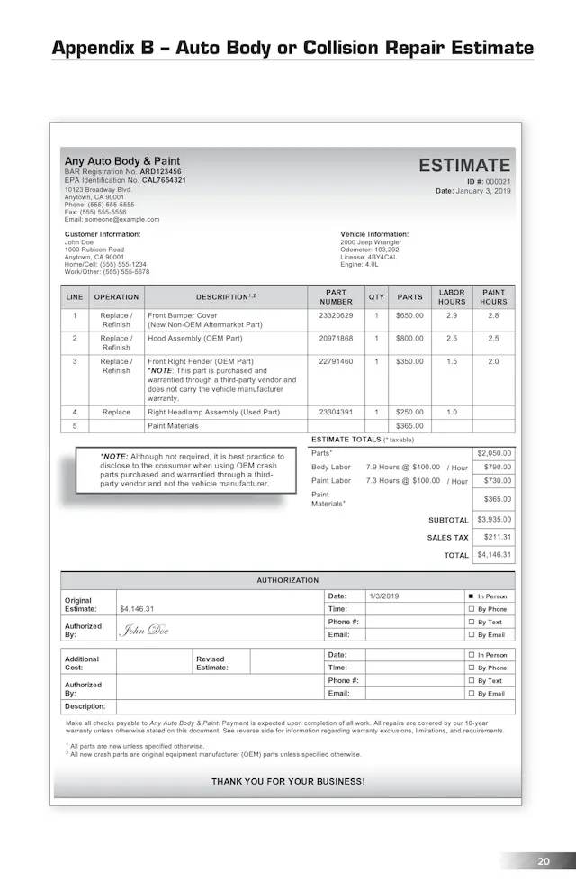 Collision Repair Estimate Template Fill In Auto Body Estimate Template