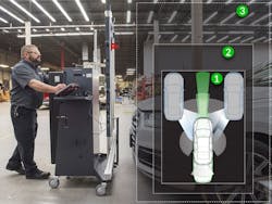 According to Hunter Engineering Company, most vehicles will not need all ADAS functions adjusted at the same time, so simultaneous front, side and rear views are rarely necessary, and the vehicle can be repositioned within the existing space for each individual calibration. However, it recommends a floor space of 30 ft. x 45 ft. (2), with a minimum of 25 ft. x 34 ft. (1), and optimally, 40 ft. x 60 ft. (3). According to Hunter Engineering Company, most vehicles will not need all ADAS functions adjusted at the same time, so simultaneous front, side and rear views are rarely necessary, and the vehicle can be repositioned within the existing space for each individual calibration. However, it recommends a floor space of 30 ft. x 45 ft. (2), with a minimum of 25 ft. x 34 ft. (1), and optimally, 40 ft. x 60 ft. (3).