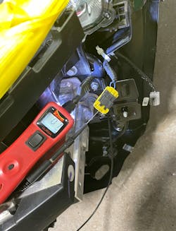 Figure 4- This crash sensor's circuits are tested with the voltmeter function of the Power Probe. The reading of 100mV here indicates the circuits are intact, all the way back to the ECU (no open circuit). Figure 4- This crash sensor's circuits are tested with the voltmeter function of the Power Probe. The reading of 100mV here indicates the circuits are intact, all the way back to the ECU (no open circuit).