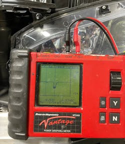 Figure 7- This waveform was acquired from the suspect-side crash sensor, and it can be seen that it is identical to the known-good side in every way, but it is inverted. The only cause for this would be the orientation of the wires at the connector. Because of the wires both being the same color, it was easy for the technician to inadvertently reverse the wires at the connector terminals. Hence, the upside-down pattern on the scope screen. Figure 7- This waveform was acquired from the suspect-side crash sensor, and it can be seen that it is identical to the known-good side in every way, but it is inverted. The only cause for this would be the orientation of the wires at the connector. Because of the wires both being the same color, it was easy for the technician to inadvertently reverse the wires at the connector terminals. Hence, the upside-down pattern on the scope screen.