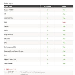 Figure 3- After a global scan of all the vehicle’s nodes, there was only one DTC present in the SRS system, as can be seen on this report. Figure 3- After a global scan of all the vehicle’s nodes, there was only one DTC present in the SRS system, as can be seen on this report.