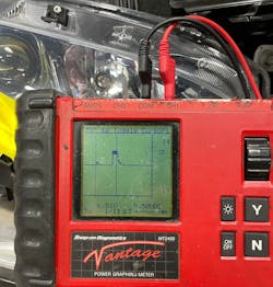 Figure 6- Here is a pattern displayed for the known-good side (right side) crash sensor. I will compare this to what is acquired when measuring the suspect-side (left side) of the vehicle in the same fashion. Figure 6- Here is a pattern displayed for the known-good side (right side) crash sensor. I will compare this to what is acquired when measuring the suspect-side (left side) of the vehicle in the same fashion.
