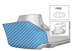 This diagram of a Volvo bumper shows where sensors are located (dotted-line rectangles) and the area for which the OEM prohibits repair/refinish to prevent interference with their signal.