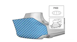 This diagram of a Volvo bumper shows where sensors are located (dotted-line rectangles) and the area for which the OEM prohibits repair/refinish to prevent interference with their signal.