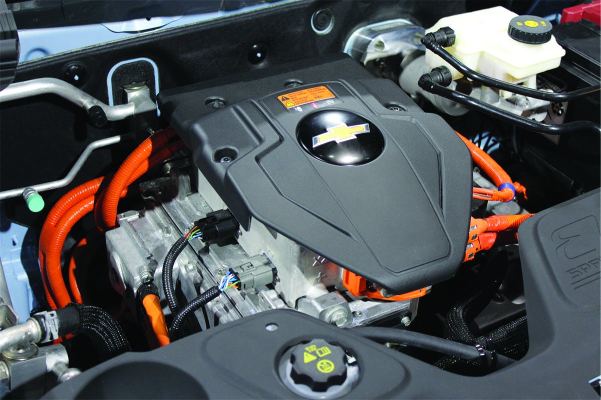 FIG4- An example of orange cabling under a vehicle's hood, quickly showing the presence of a high voltage drivetrain.