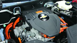 FIG4- An example of orange cabling under a vehicle's hood, quickly showing the presence of a high voltage drivetrain.