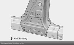 The base of the Accord B-Pillar reinforcement requires several MIG braze joints. The base of the Accord B-Pillar reinforcement requires several MIG braze joints.