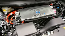 A look underhood of a fuel cell vehicle (FCEV). Notice the orange cables denoting the high-voltage system like an electric vehicle.