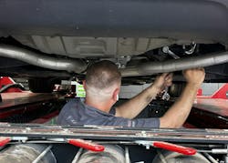 ASE automotive professional Brian Hamel of Rivard Buick-GMC, Tampa (Florida) sets the thrust angle to zero. ASE automotive professional Brian Hamel of Rivard Buick-GMC, Tampa (Florida) sets the thrust angle to zero.