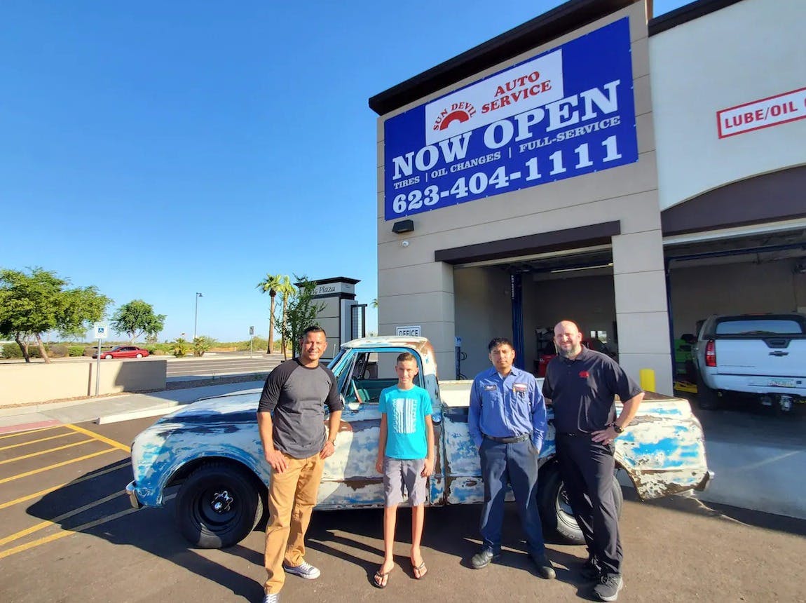 The Surprise, Ariz., Sun Devil Auto, led by Store Manager Mike Arana (right,) helped Hugo Caballero get his son, Venicio&rsquo;s &lsquo;67 C10 back on the road.