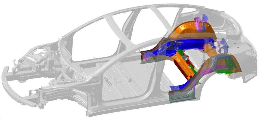 Tesla&rsquo;s Model 3 uses 70 individual pieces (shown) to assemble the rear underbody. The Model Y SUV, based on the Model 3, uses only two large die-castings, joined by a cast bracket. Future Model Ys will use one-piece castings for the front and rear, and the technology could be used for other models.