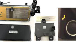 Figure 1- (Left) Aptiv electronically scanning long-range radar combined with digital “smart” camera (RACAM). Note the multiple vertical rows of dots. These rows are the radar antenna “beams” that scan back and forth to detect targets in front of the vehicle for adaptive cruise control. (Center) Aptiv electronically scanning medium-range radar (MRR) for Ford BLIS (Blind Spot). These sensors are located under the composite bumper covers. (Right) Seen above the A-pillar interior trim piece tweeter, the blind-spot monitor icon displays an alert.