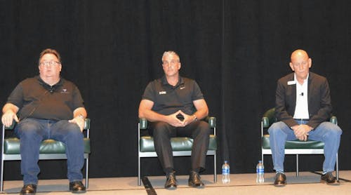 From l., Jimmy Spears, of Tractable; Niel Speetjens, of I-CAR; and Frank Terlep, of Auto Techcelerators, speak at the PBES Conference May 18.