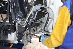 While some high-strength steel parts can be repaired through pulling or straightening, many cannot be repaired or sectioned and must be replaced entirely. Repair methods such as squeeze-type resistance spot welding (shown) or MIG brazing are often required due to the lower heat affected zone temperature. While some high-strength steel parts can be repaired through pulling or straightening, many cannot be repaired or sectioned and must be replaced entirely. Repair methods such as squeeze-type resistance spot welding (shown) or MIG brazing are often required due to the lower heat affected zone temperature.