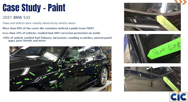 In more than 80% of the cases, the customer's first clue of a substandard repair was detecting paint issues. All of the vehicles studied had numerous finish defects.
