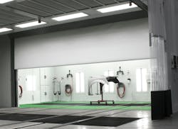 The REVO Speed or the REVO Rapid (not shown) mounts on rails to move between prep bays and to be positioned at the vehicle’s repair area. With the optional track-and-dolly system, the vehicle can be moved sideways between the prep station and side-load booth, which features a fabric roll-up door for rapid loading. The REVO Speed or the REVO Rapid (not shown) mounts on rails to move between prep bays and to be positioned at the vehicle’s repair area. With the optional track-and-dolly system, the vehicle can be moved sideways between the prep station and side-load booth, which features a fabric roll-up door for rapid loading.