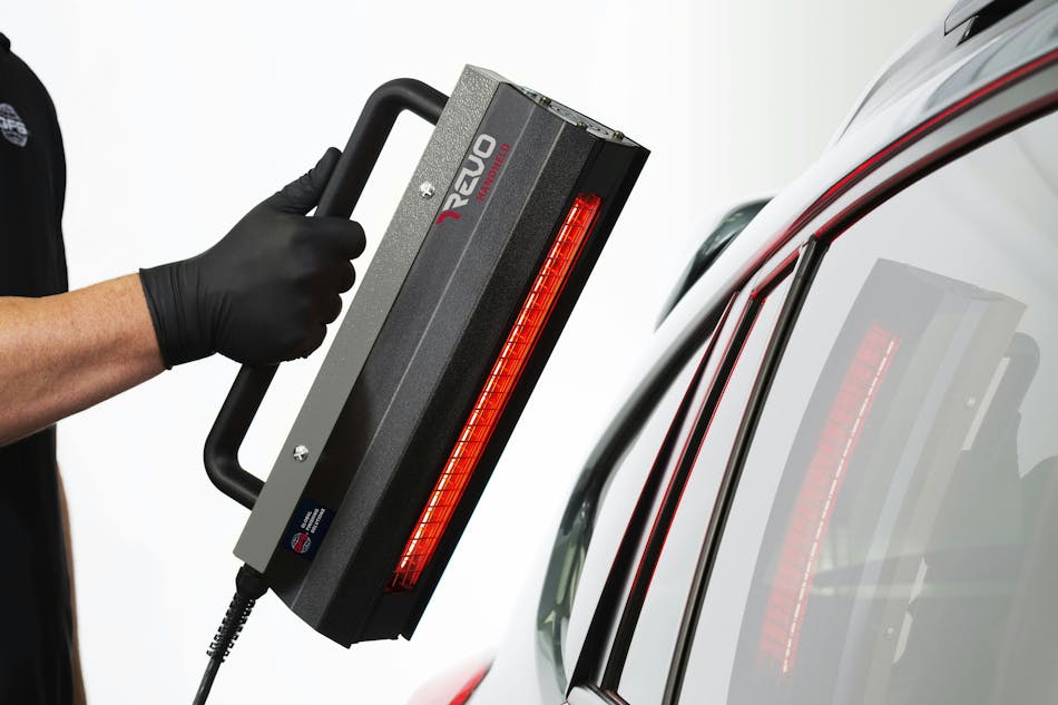 The GFS REVO Handheld is useful for curing spot repairs, removing bumper cover dents, and heating panels to safely remove glass, decals, and moldings.