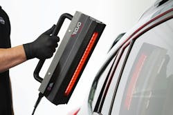 The GFS REVO Handheld can be used to remove decals, as shown, or to thoroughly cure body filler and prevent sand scratches from later appearing. The GFS REVO Handheld can be used to remove decals, as shown, or to thoroughly cure body filler and prevent sand scratches from later appearing.