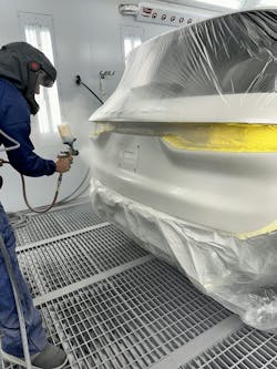 Once dry, the mid-coat is applied to however many coats are needed to achieve a blendable match. Once dry, the mid-coat is applied to however many coats are needed to achieve a blendable match.