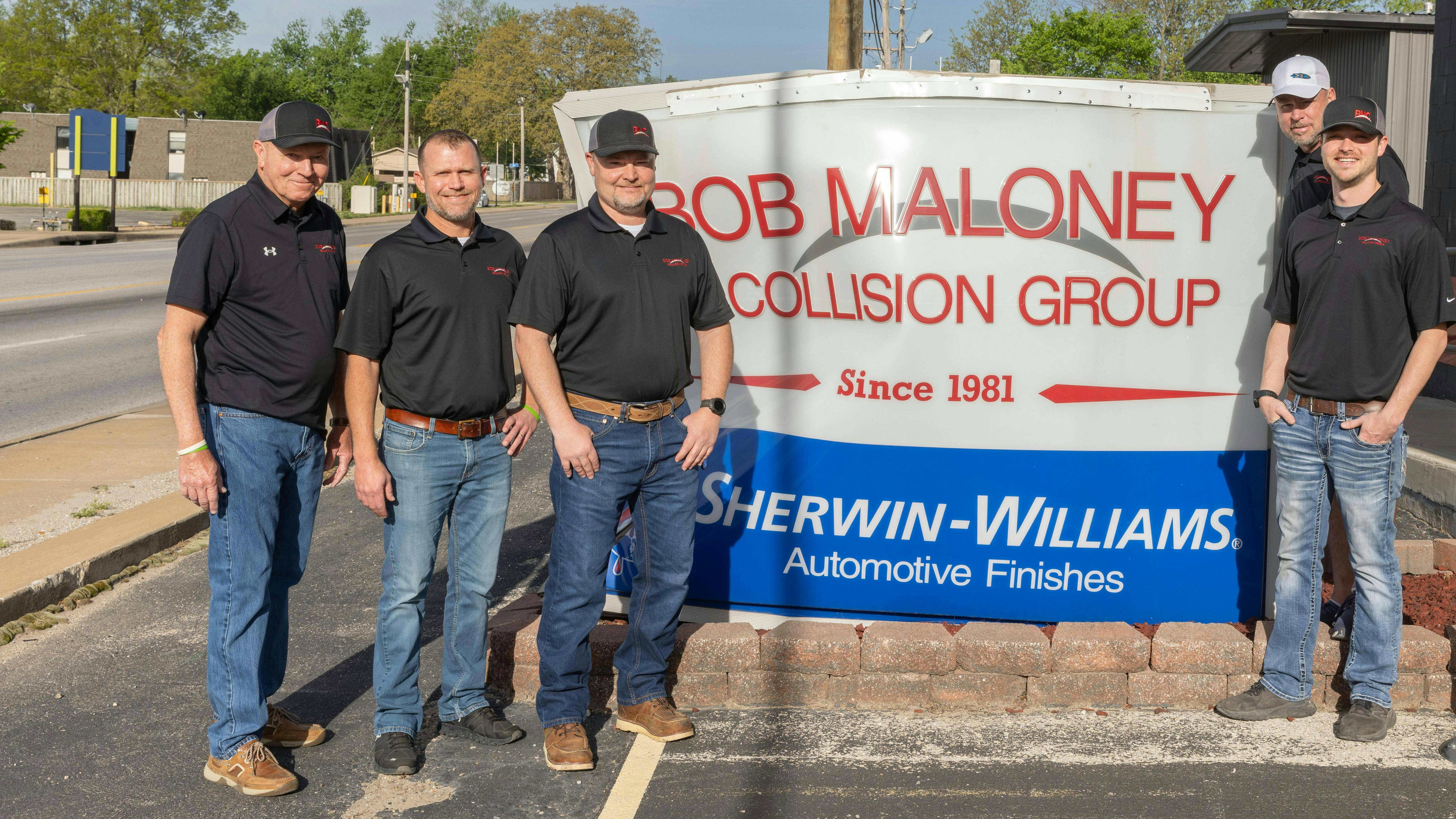 The owners of the Bob Maloney Collision Group are, from left, Bob Maloney, Robert Maloney, Damon Wetzel, Kenny Davis, and Matt Schroeder.