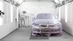 By placing the car to one side of the booth to allow access for only what is being painted, other parts can be loaded into the booth to be painted at the same time. By placing the car to one side of the booth to allow access for only what is being painted, other parts can be loaded into the booth to be painted at the same time.