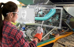 Figure 2- Augmented reality glasses being used to diagnose an internal combustion engine in the field. Figure 2- Augmented reality glasses being used to diagnose an internal combustion engine in the field.