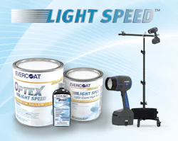 Evercoat's Light Speed system includes the Optex Premium Body Filler with dual-cure, color-changing technology, the Light Speed LED Cure 440 Express Micro-Pinhole Eliminator, and Light Speed LED Cure High-Build Primer, a hybrid polyester primer surfacer. Evercoat's Light Speed system includes the Optex Premium Body Filler with dual-cure, color-changing technology, the Light Speed LED Cure 440 Express Micro-Pinhole Eliminator, and Light Speed LED Cure High-Build Primer, a hybrid polyester primer surfacer.