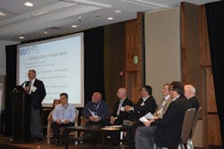 Tom Kotenko, Snap-on, moderates a discussion panel on 'Understanding the Heavy Duty MOU.' Panelists, from left to right: Tom Marchini, Senior Manager, Hino Motor Sales USA, Inc; Jeff Wurster, Senior Manager, Technical Support - Hino Motors Sales USA, Inc.; Mike Hasinec, Penske Trucking; Philip Aiello, Senior Project Manager Corporate Automotive Engineering, UPS; Larry Lovejoy, Senior Technical Advisor, Technology, Strategy & Architecture, Cummins; Dave Scheer, CEO of Inland Truck Parts; Mark Karon, President, Total Truck Parts; Roland Kingsbury, Isuzu Commercial Trucks. Tom Kotenko, Snap-on, moderates a discussion panel on 'Understanding the Heavy Duty MOU.' Panelists, from left to right: Tom Marchini, Senior Manager, Hino Motor Sales USA, Inc; Jeff Wurster, Senior Manager, Technical Support - Hino Motors Sales USA, Inc.; Mike Hasinec, Penske Trucking; Philip Aiello, Senior Project Manager Corporate Automotive Engineering, UPS; Larry Lovejoy, Senior Technical Advisor, Technology, Strategy & Architecture, Cummins; Dave Scheer, CEO of Inland Truck Parts; Mark Karon, President, Total Truck Parts; Roland Kingsbury, Isuzu Commercial Trucks.