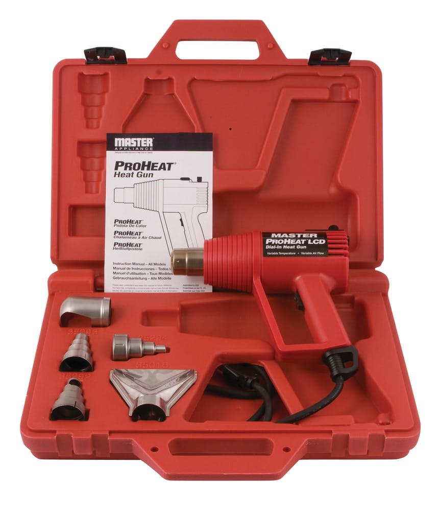 The Master Appliance PH-1400 Dial-in Heat Gun comes in a blow-mold case with five of the company's most popular attachments.