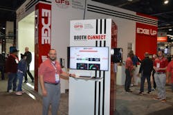 Matt Salvo, vice president of the aftermarket business unit at Global Finishing Solutions, shows on a monitor a sample of the data that can be collected from the company's Booth Connect, which debuted at the SEMA Show along with the new Edge paint booth. Matt Salvo, vice president of the aftermarket business unit at Global Finishing Solutions, shows on a monitor a sample of the data that can be collected from the company's Booth Connect, which debuted at the SEMA Show along with the new Edge paint booth.