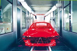 The fine atomisation patterns achieved with electrostatic high-speed rotary atomizers open up the possibility of reducing air sinking speed in the booth, which results in energy savings. The fine atomisation patterns achieved with electrostatic high-speed rotary atomizers open up the possibility of reducing air sinking speed in the booth, which results in energy savings.