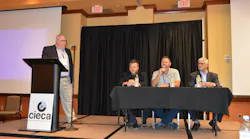 From Left, Moderator Paul Barry, CIECA executive director; Jake Rodenroth, Lucid Motors; Frank Phillips, Rivian; and Mark Allen, Audi of America; discuss 'EV Trends' at the 2022 CONNEX in St. Charles, Missouri.