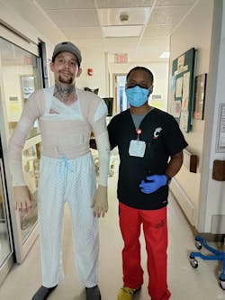 Technician/Painter Bryan Miller continues his recovery from severe burns suffered in a fire at Elite Auto Body, Cycle and Sales in Bethel, Ohio, last September. Technician/Painter Bryan Miller continues his recovery from severe burns suffered in a fire at Elite Auto Body, Cycle and Sales in Bethel, Ohio, last September.