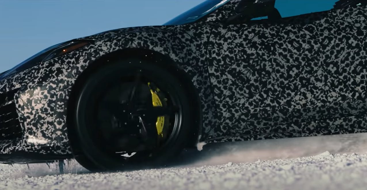 In this closeup of a screenshot from General Motors' YouTube video, snow sprays from front-wheel wheelspin.