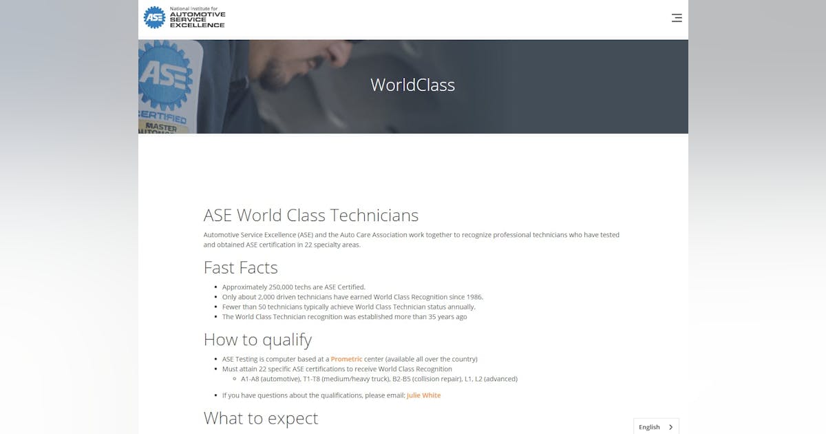ASE World Class Technicians' program recognizes skilled professionals ...