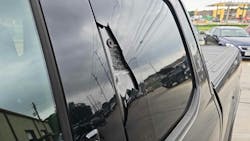Hail Damage on Pick-Up Truck Door Hail Damage on Pick-Up Truck Door