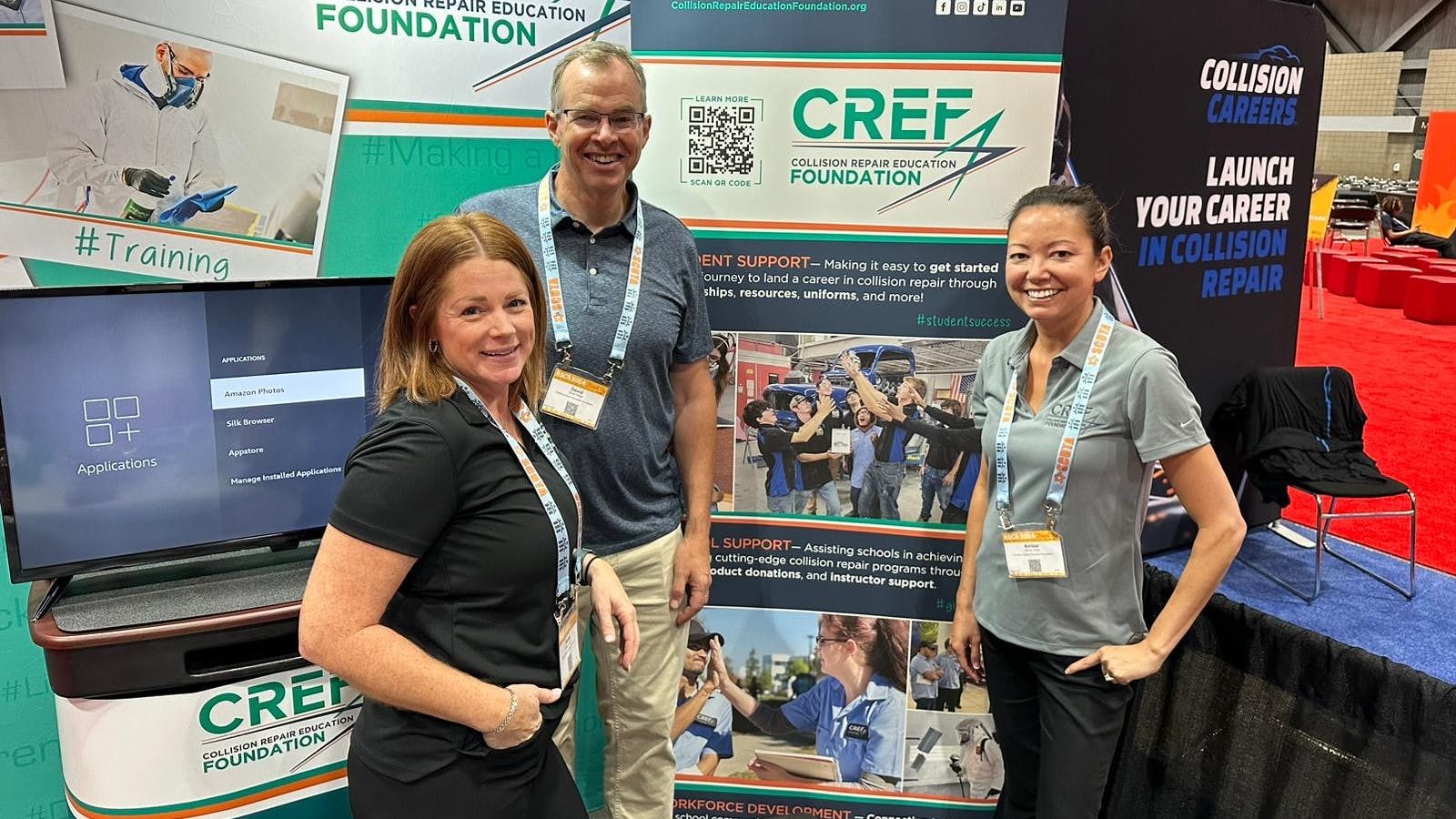 From left, Bekka Stultz-Jackson, marketing and brand manager at Classic Collision; David Willett, chief underwriting officer at Spark Underwriters; and Amber Ritter, director of marketing and project management, at the CREF booth during the 2024 ASCA conference.