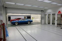 GM Josh Shaw says their Spanesi side-loading system works well for moving vehicles between the prep station and paint booth. GM Josh Shaw says their Spanesi side-loading system works well for moving vehicles between the prep station and paint booth.