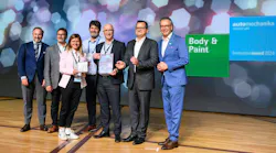 Pictured left to right: Jason Moseley, CEO IBIS worldwide; PPG Refinish team members Juan Navarro, marketing director EMEA; Sara Fanciano, business director EMEA South; Beppe Casalini, global digital business services sector; Jonathan Hatfield, business director EMEA North, Alban D’Epenoux, global marketing director; and Michael Johannes, vice president Automechanika.