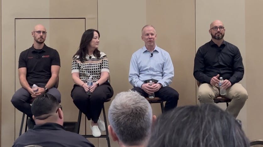From l., panelists Cameron Eisenhardt, Wendy Murray, Jim Ryan, and Chris McDiffett discuss how the peer-to=peer Edge Performance Groups have aided their operations.
