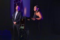 Driven Brands’ Damien Reyna, chief operating officer, stands next to Sabrina Thring, brand president, at the Dallas conference gala. Driven Brands’ Damien Reyna, chief operating officer, stands next to Sabrina Thring, brand president, at the Dallas conference gala.
