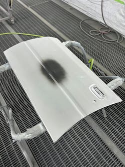 Spot primer sealer repair in the middle of a door repair for small damage to keep small on the color blend. Spot primer sealer repair in the middle of a door repair for small damage to keep small on the color blend.