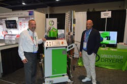 Collision Repair equipment veteran Tim Morgan (left), CEO of 2nd Chance Projects LLC, is assisted at his SEMA Show booth by Francesco Bertoli, principal CEO of Greentech Dryers S.r.l.. Morgan says the product line, the first of which he has in the works, will save at least 40% of the time typically needed to cure primer, basecoat, and clear through its use of gas catalytic curing. Collision Repair equipment veteran Tim Morgan (left), CEO of 2nd Chance Projects LLC, is assisted at his SEMA Show booth by Francesco Bertoli, principal CEO of Greentech Dryers S.r.l.. Morgan says the product line, the first of which he has in the works, will save at least 40% of the time typically needed to cure primer, basecoat, and clear through its use of gas catalytic curing.