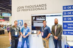 The Diagnostic Network featured a technician competition against its robot, AiDN called 'Beat the Bot' in the South Hall Upper Level. ASE and MotorAge Training supported the contest in which players answered ASE-style questions for bragging rights and to win a t-shirt. At the booth when FenderBender dropped by are, from left: Founder Scott Brown, who is also a contributor to Motor Age and Professional Tool & Equipment News, brands from FenderBender's publisher; Dave Baartman, head of OE application and service development at Opus IVS; Donny Seyfer, executive officer at the National Automotive Service Task Force; and Lyle Knopf, new business development for Spud Software. The Diagnostic Network featured a technician competition against its robot, AiDN called 'Beat the Bot' in the South Hall Upper Level. ASE and MotorAge Training supported the contest in which players answered ASE-style questions for bragging rights and to win a t-shirt. At the booth when FenderBender dropped by are, from left: Founder Scott Brown, who is also a contributor to Motor Age and Professional Tool & Equipment News, brands from FenderBender's publisher; Dave Baartman, head of OE application and service development at Opus IVS; Donny Seyfer, executive officer at the National Automotive Service Task Force; and Lyle Knopf, new business development for Spud Software.