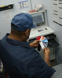 Paintworx Collision Center has screens spread across the shop to keep technicians updated on where every car is in the repair process. Paintworx Collision Center has screens spread across the shop to keep technicians updated on where every car is in the repair process.