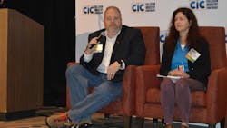 Jason Scharton of 3M and Heather Farr of the South Coast Air Quality Management District talk about VOCs and solvents that are suspected carcinogens. Jason Scharton of 3M and Heather Farr of the South Coast Air Quality Management District talk about VOCs and solvents that are suspected carcinogens.