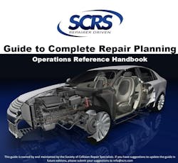 The 25-page Society of Collision Repair Specialists (SCRS)' Guide to Complete Repair Planning is available as a PDF download from its website. No longer updated, it has been replaced by the Blueprint Optimization Tool, which is designed to partially automate the process of identifying labor operations, line items, and customizable charges that could be overlooked on an estimate/repair plan. The 25-page Society of Collision Repair Specialists (SCRS)' Guide to Complete Repair Planning is available as a PDF download from its website. No longer updated, it has been replaced by the Blueprint Optimization Tool, which is designed to partially automate the process of identifying labor operations, line items, and customizable charges that could be overlooked on an estimate/repair plan.