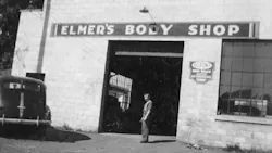 Elmer's Body Shop employee Dan Overholser stands in front of the Elkhart, Indiana shop in the 1940s. Elmer's Body Shop employee Dan Overholser stands in front of the Elkhart, Indiana shop in the 1940s.